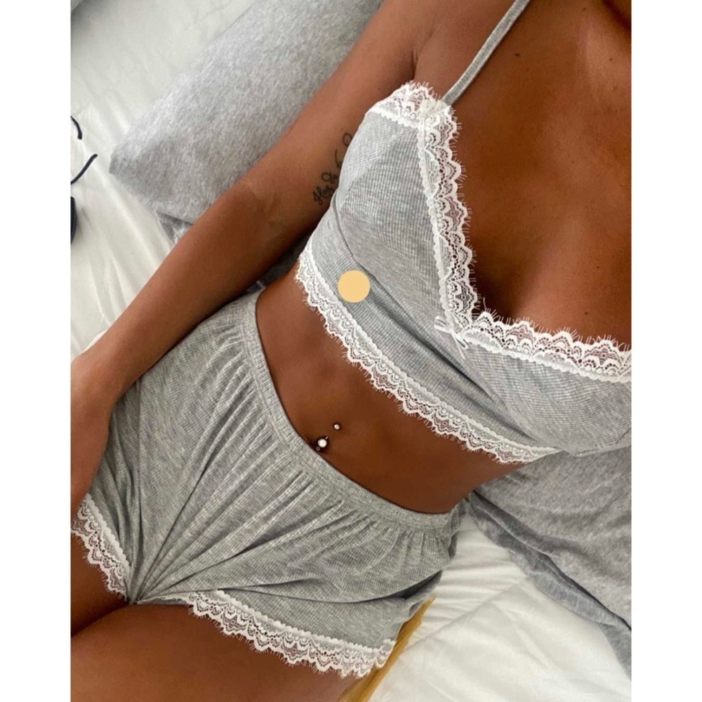 NWOT Grey Lace Pyjamas Two Piece Sleeveless pajamas new sleepwear cotton soft - Picture 7 of 12